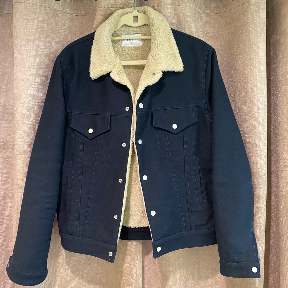 Sandro Navy Trucker Jacket Shearling Lining M